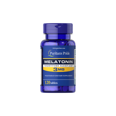 Puritan's Pride Melatonin, in a blue bottle, offers 3 mg per tablet with 120 vegetarian tablets for nighttime support.